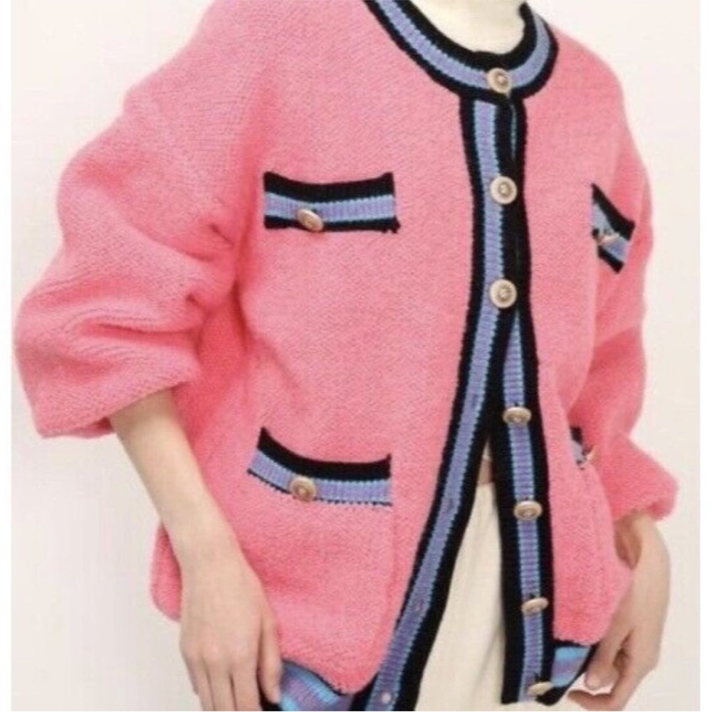 Storets Victorian Oversized Chunky  Cardigan Sweater Hot Pink Blue Small/Medium